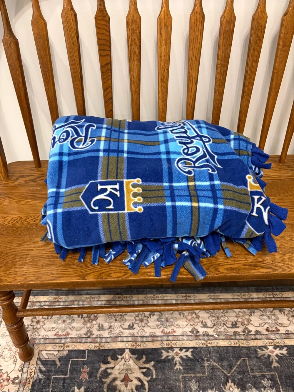 Kansas City Royals MLB Fleece Tie Blanket Plaid Royal Blue Handmade Large 48x70